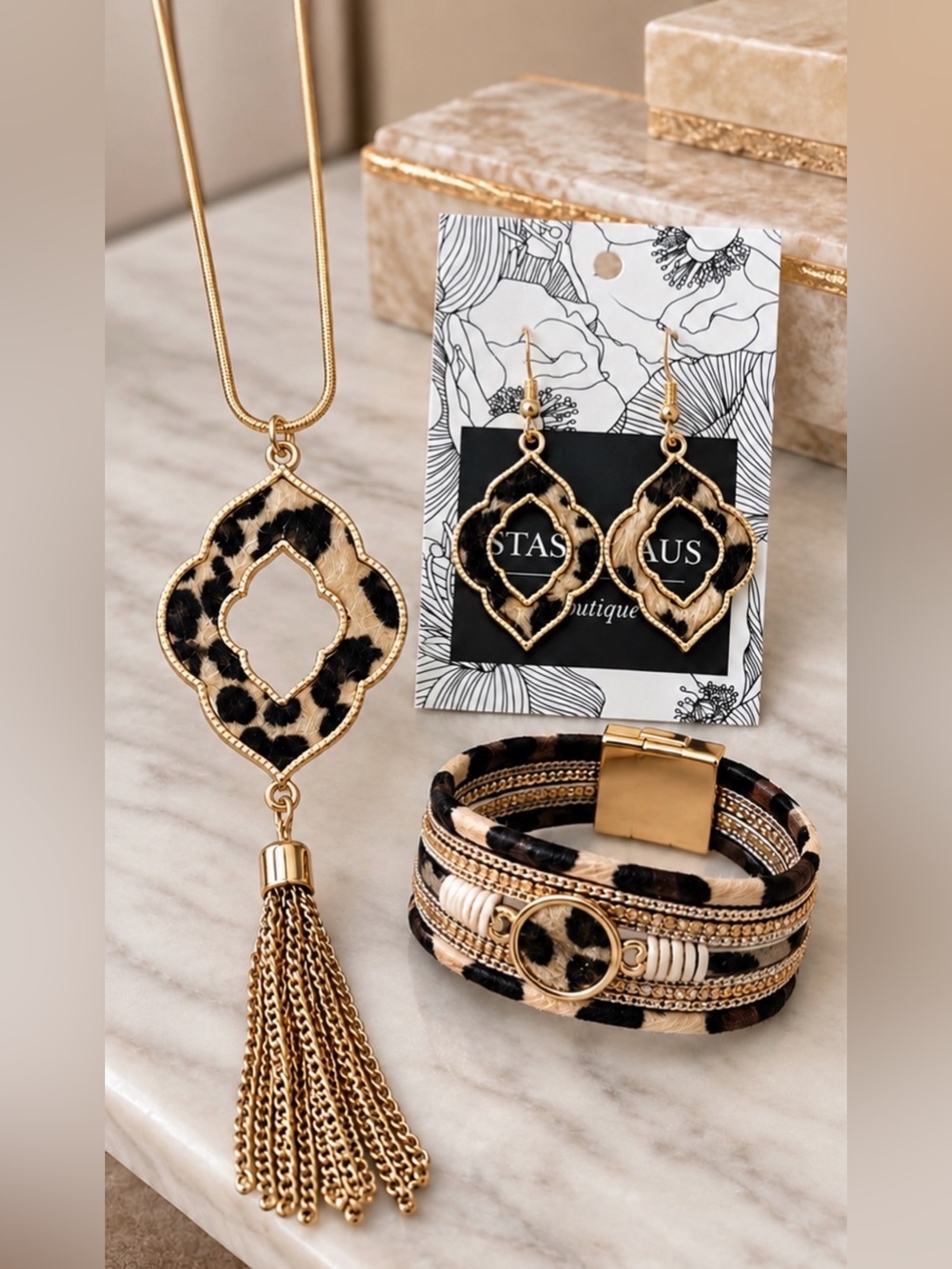 Gold and Leopard Print Statement Necklace, Earrings & Bracelet